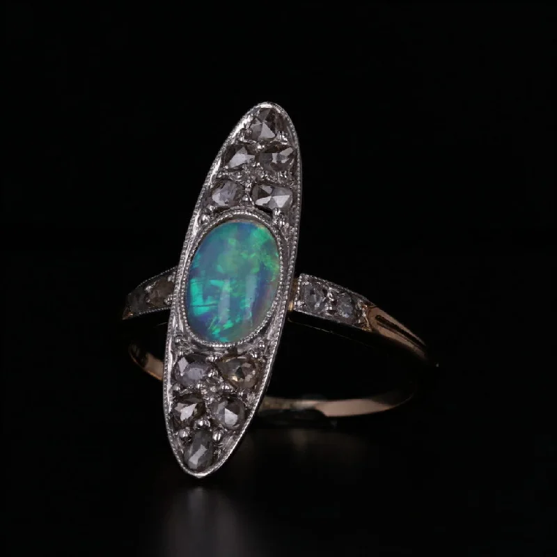 eco-friendly engagement rings for women-Vintage Opal Diamond Marquise Ring 14k Gold Platinum Size 5.75