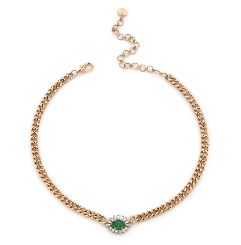 gemstone choker necklaces for women-READY TO SHIP EMERALD & DIAMOND EVIL EYE MINI LINK NECKLACE