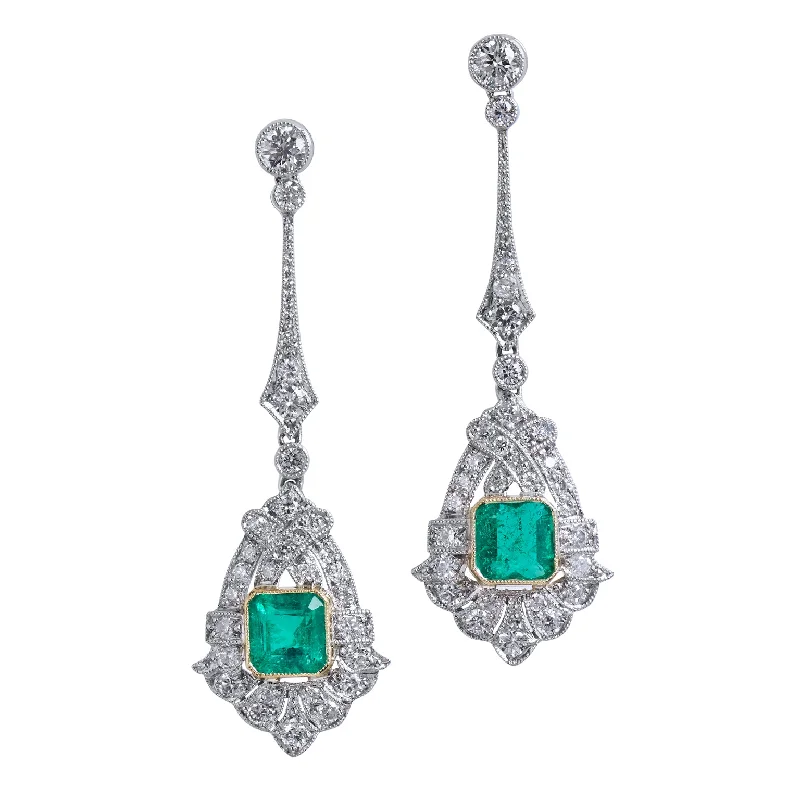 onyx earrings for women-Art Deco Emerald Pave Diamond Earrings