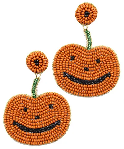 topaz earrings for women-Beaded Smiling Pumpkin Earrings