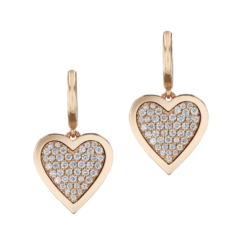 heart-shaped earrings for women-Pave Diamond Heart Rose Gold Hoop Earrings