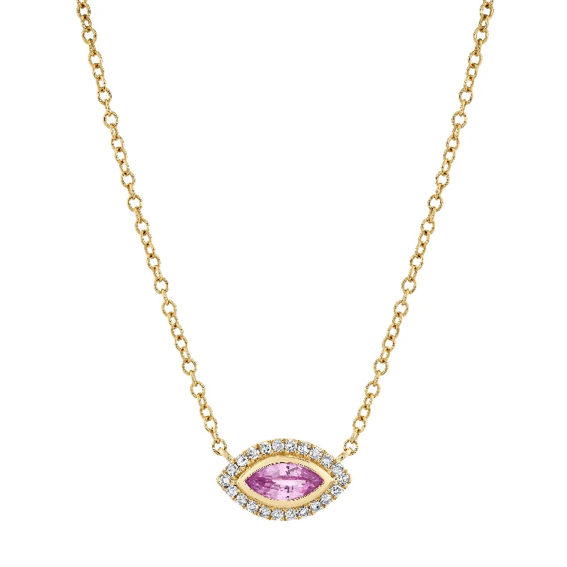 silver heart necklaces for women-PINK SAPPHIRE & DIAMOND MINI EVIL EYE PENDANT NECKLACE