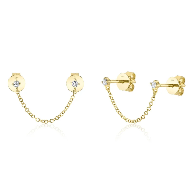 black diamond earrings for women-Yellow Gold Double Diamond Chain Stud Earrings