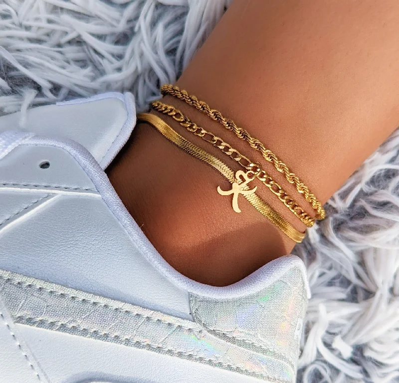 rose gold anklet for women-Script Initial Anklet Set