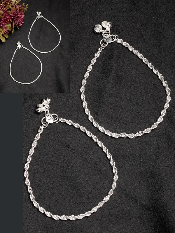 floral anklet for women-NVR Women's Pair of 2 Silver-Plated Anklets