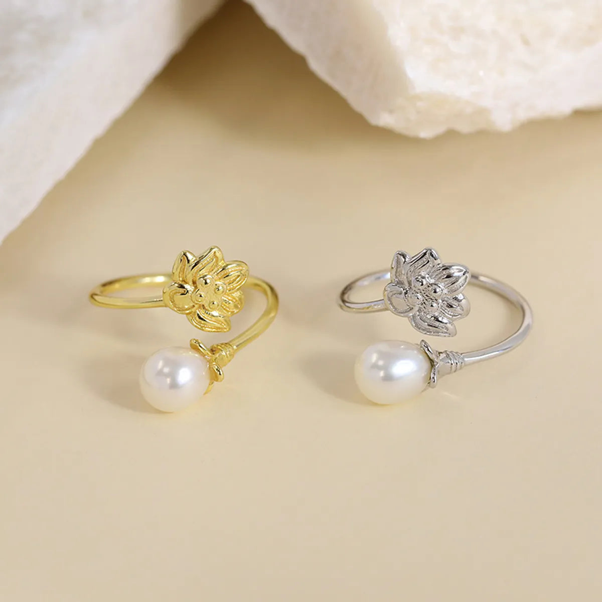 adjustable gemstone rings for women-Sterling Silver 18K Gold Plated White Gold Plated Elegant Polishing Inlay Flower Pearl Open Rings