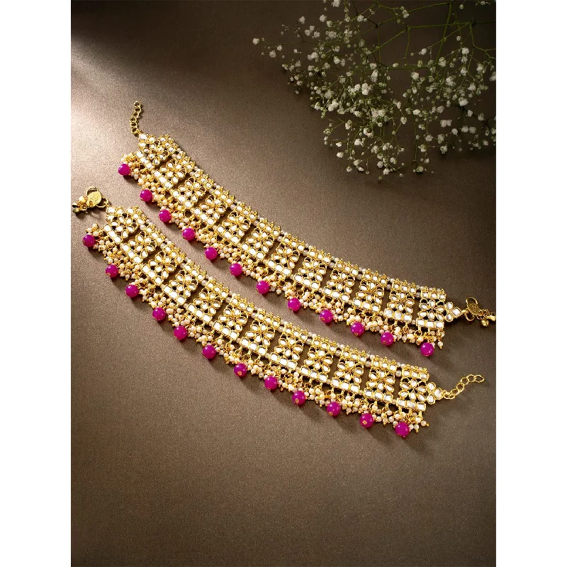 bohemian bracelet for women-18k Gold Plated Bridal Kundan Pearl Anklets/Payal For Women - Wahe Jewels