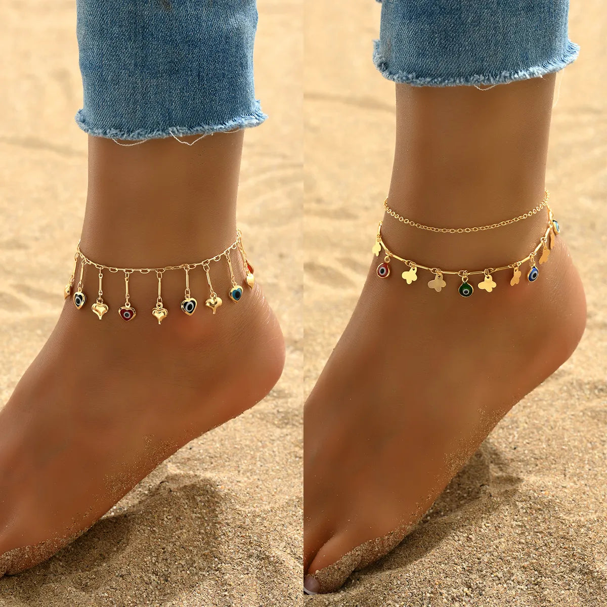 adjustable cuff bracelet for women-Beach Modern Style Sweet Heart Shape Butterfly Copper Tassel Plating 18k Gold Plated Women's Anklet