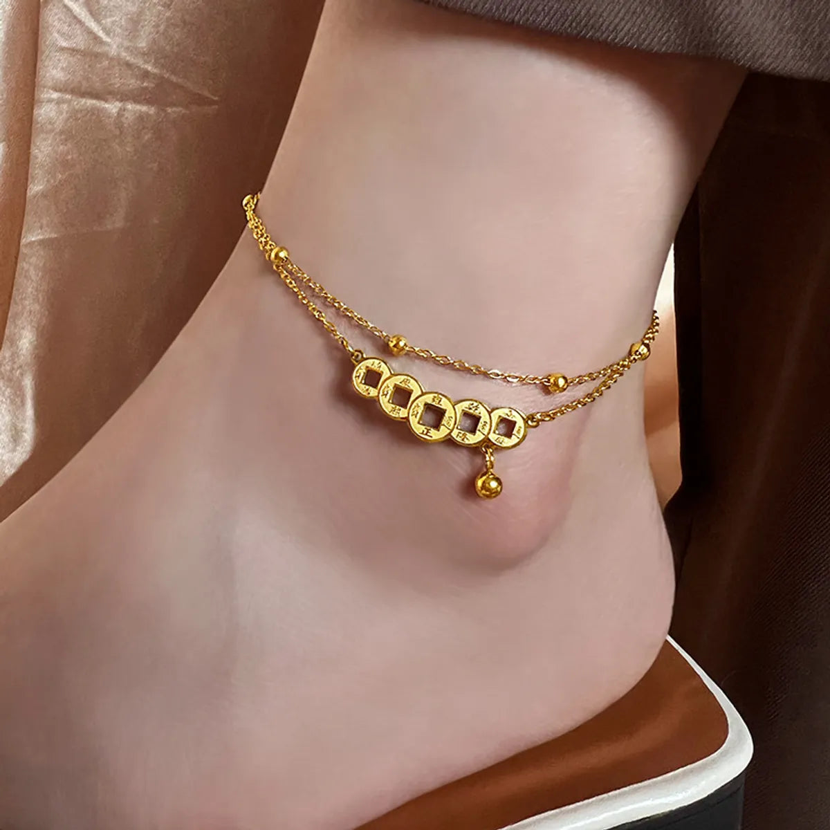 simple leather bracelet for women-Chinoiserie Coin Stainless Steel Plating Women'S Anklet