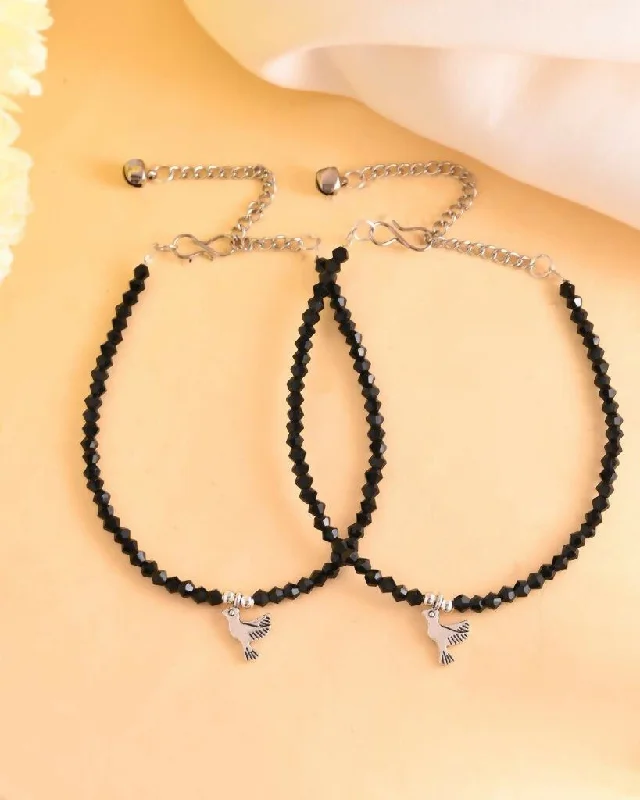 gemstone anklet for women-VOJ Set of 2 Bird Black Beads Anklet