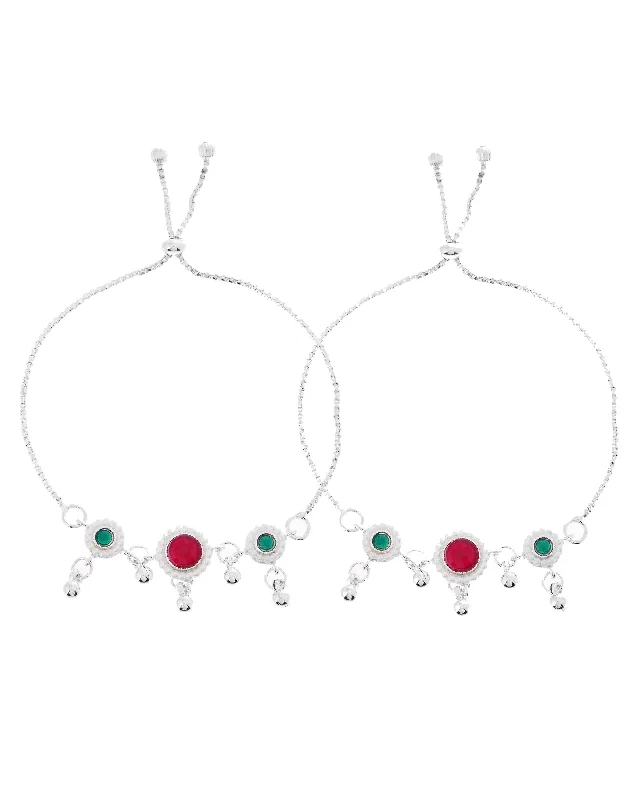 leather charm bracelet for women-VOJ Set of 2 Silver-Plated Artificial Stones And Beads Anklet