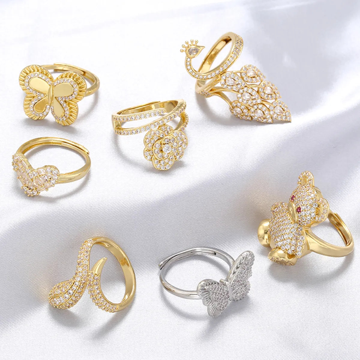 radiant-cut rings for women-Elegant Luxurious Snake Butterfly Copper Plating Inlay Zircon 18k Gold Plated Open Rings