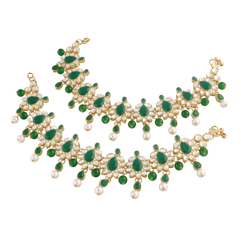 pearl anklet with charms for women-Traditional Gold Plated Bridal Anklets Payal Embellished with Green Stones & Faux Kundans For Women/Girls - Wahe Jewels