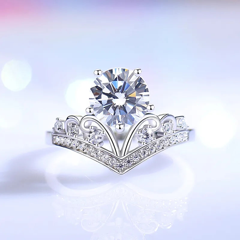 luxury rings for women-Sterling Silver Elegant Crown Inlay Moissanite Zircon Rings