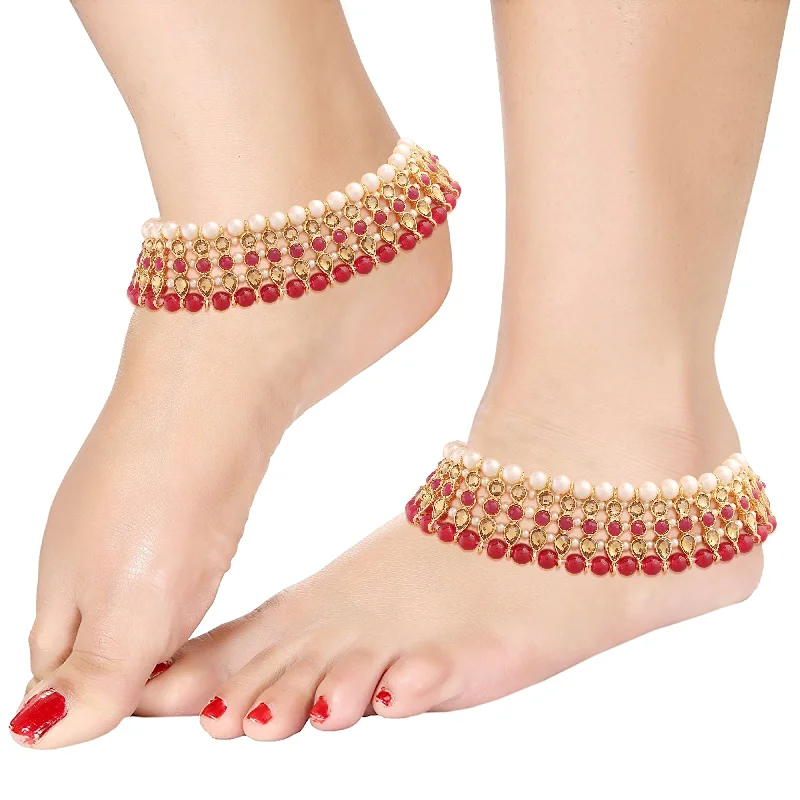 thick silver anklet for women-Traditional Alloy Gold Plated Kundan Pearl Payal Anklet for Women - Wahe Jewels