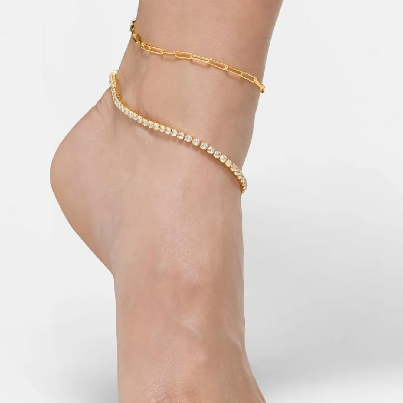 pearl anklet for women-14k Gold Plated 10" Tennis and Paperclip Chain Anklet Set