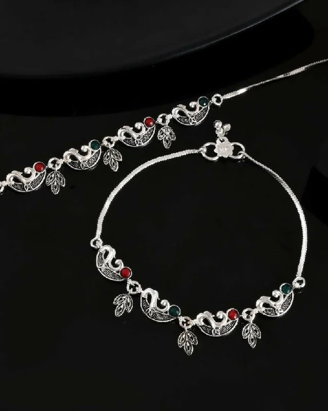 chunky charm bracelet for women-VOJ Set of 2 Silver Plated Meenakari Multi Color Anklet