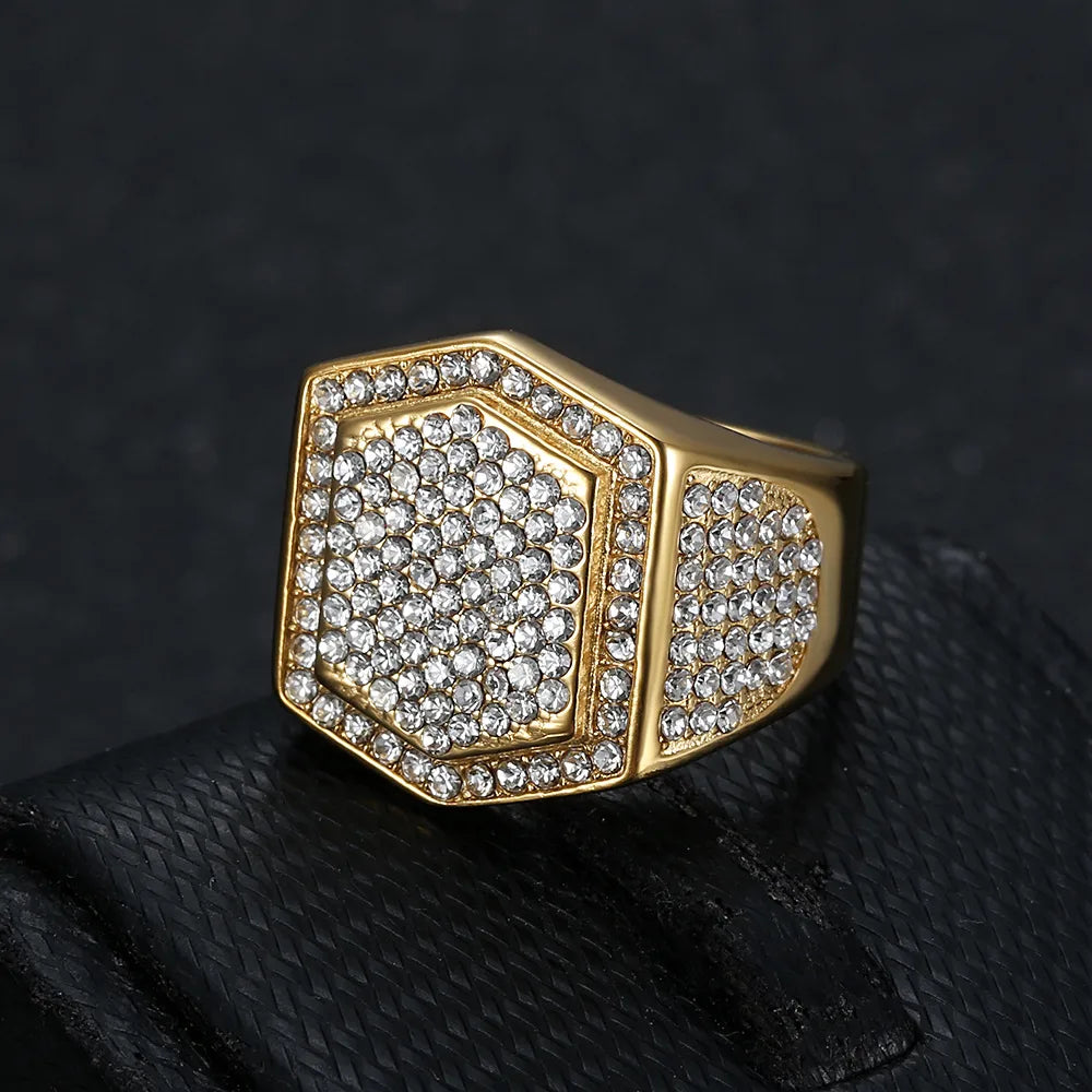 cushion-cut rings for women-Hip-Hop Geometric 304 Stainless Steel Plating Inlay Rhinestones Gold Plated Men'S Rings