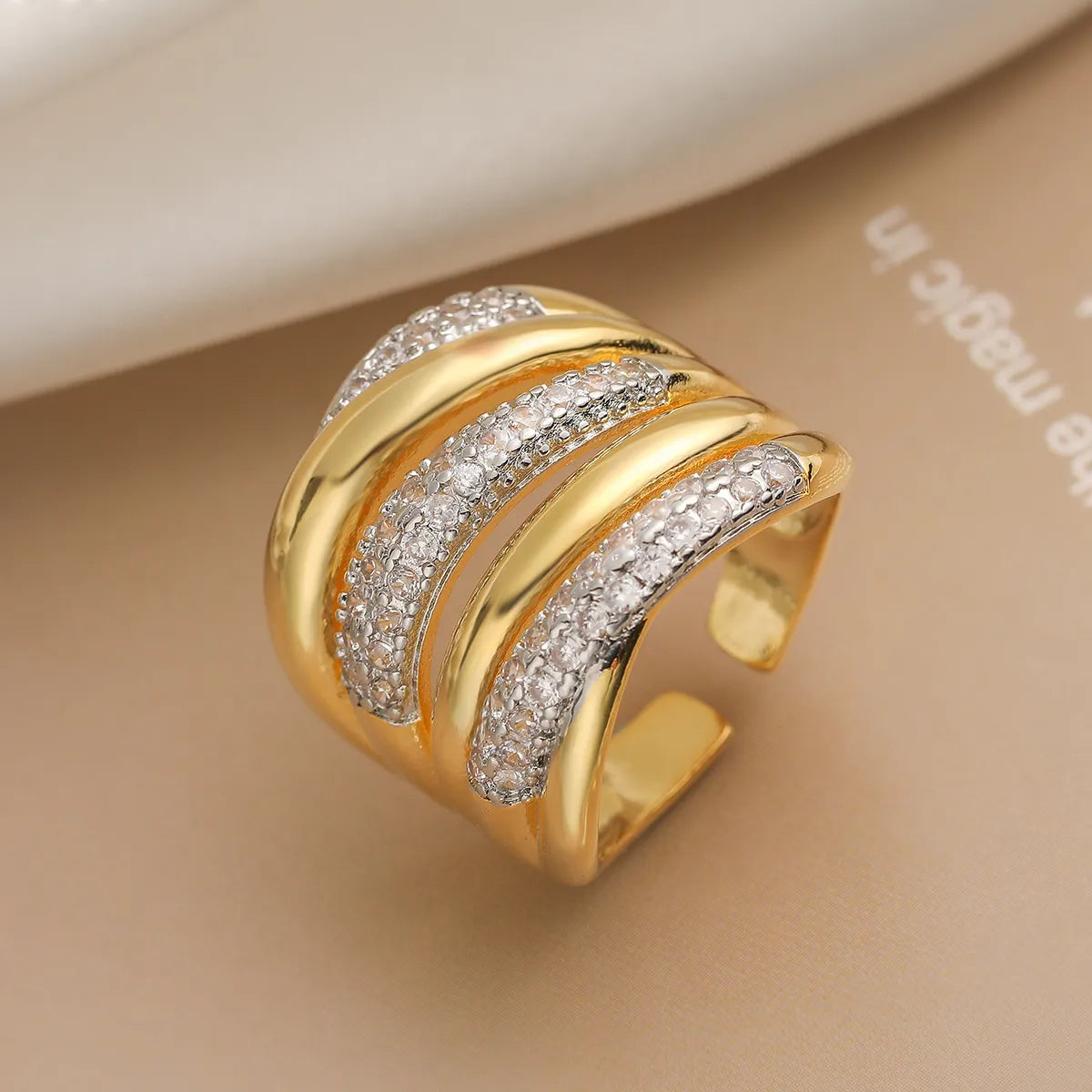 two-tone rings for women-Copper 18K Gold Plated Plating Inlay Geometric Zircon Open Rings