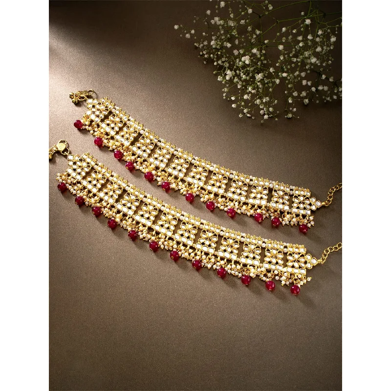 chic bracelet for women-18k Gold Plated Bridal Kundan Pearl Anklets/Payal For Women - Wahe Jewels