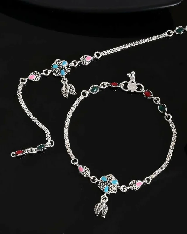 charm bracelet for women-VOJ Set of 2 Traditional Stone Studded Flower Shaped Anklet