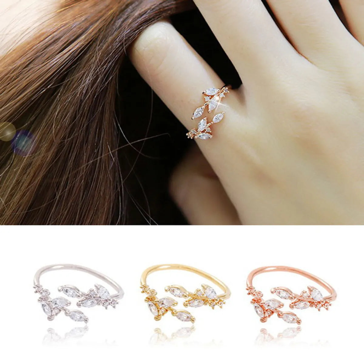 modern engagement rings for women-Simple Style Leaves Copper Plating Zircon Open Ring 1 Piece