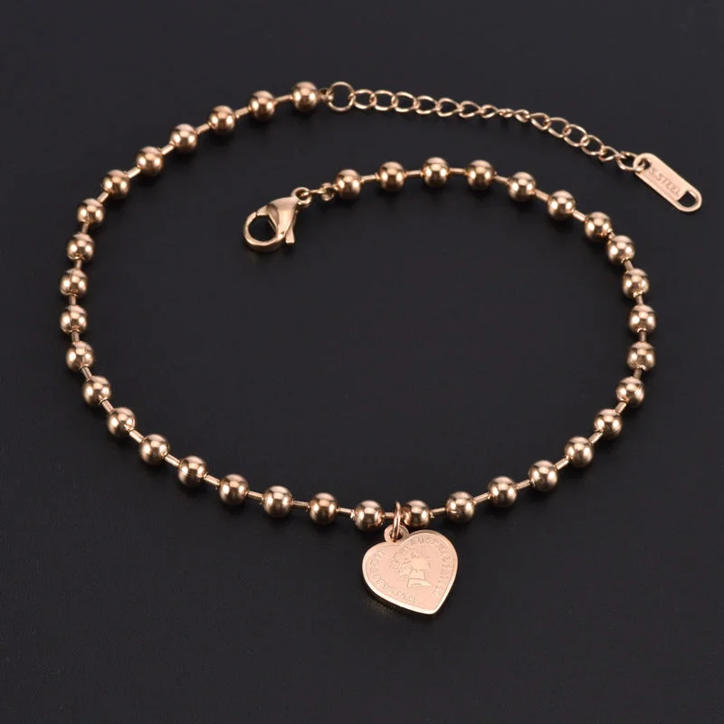 8121 Glass Bead Chain Peach Heart Anklet