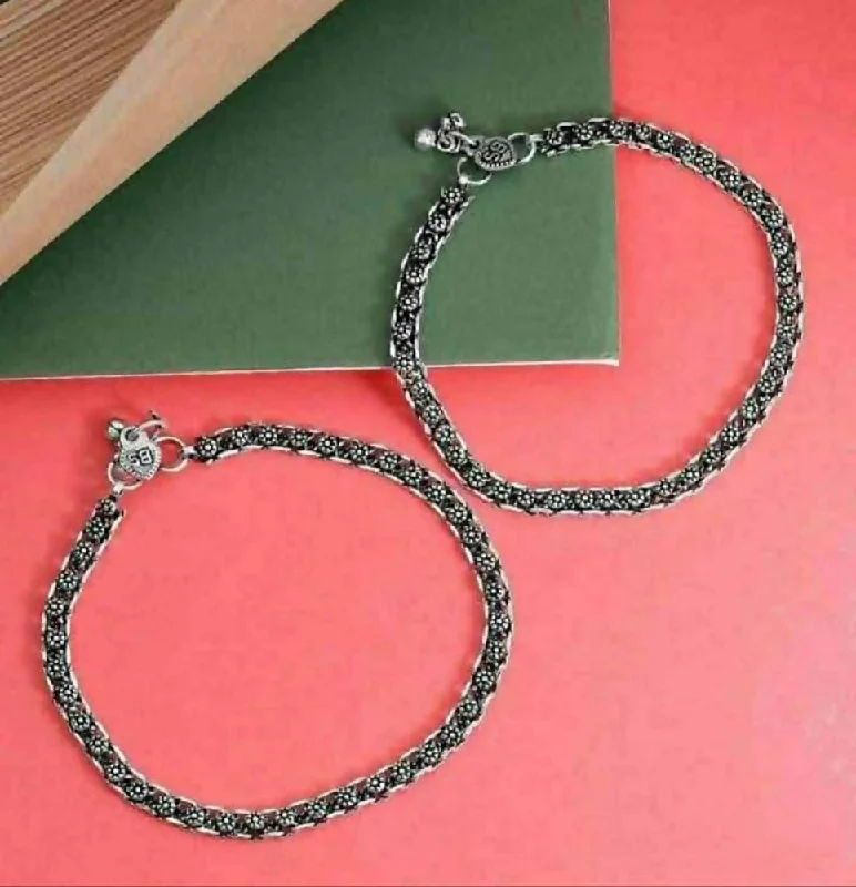 chain bracelet for women-Mominos Fashion Traditional Oxidised Silver Plated Anklets