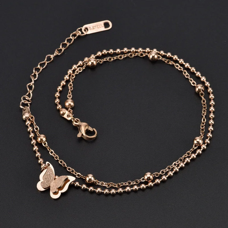 8102 Small Bead Double Chain Sand Pressed Butterfly Anklet