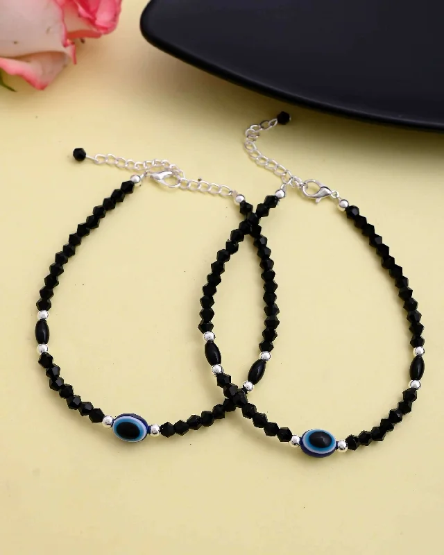 star anklet for women-VOJ Set of 2 Evil Eye Black Beads Adjustable Anklet