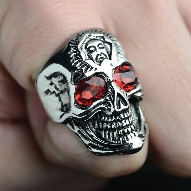 statement engagement rings for women-Punk Skull 304 Stainless Steel Inlay Rhinestones 18K Gold Plated Men'S Rings