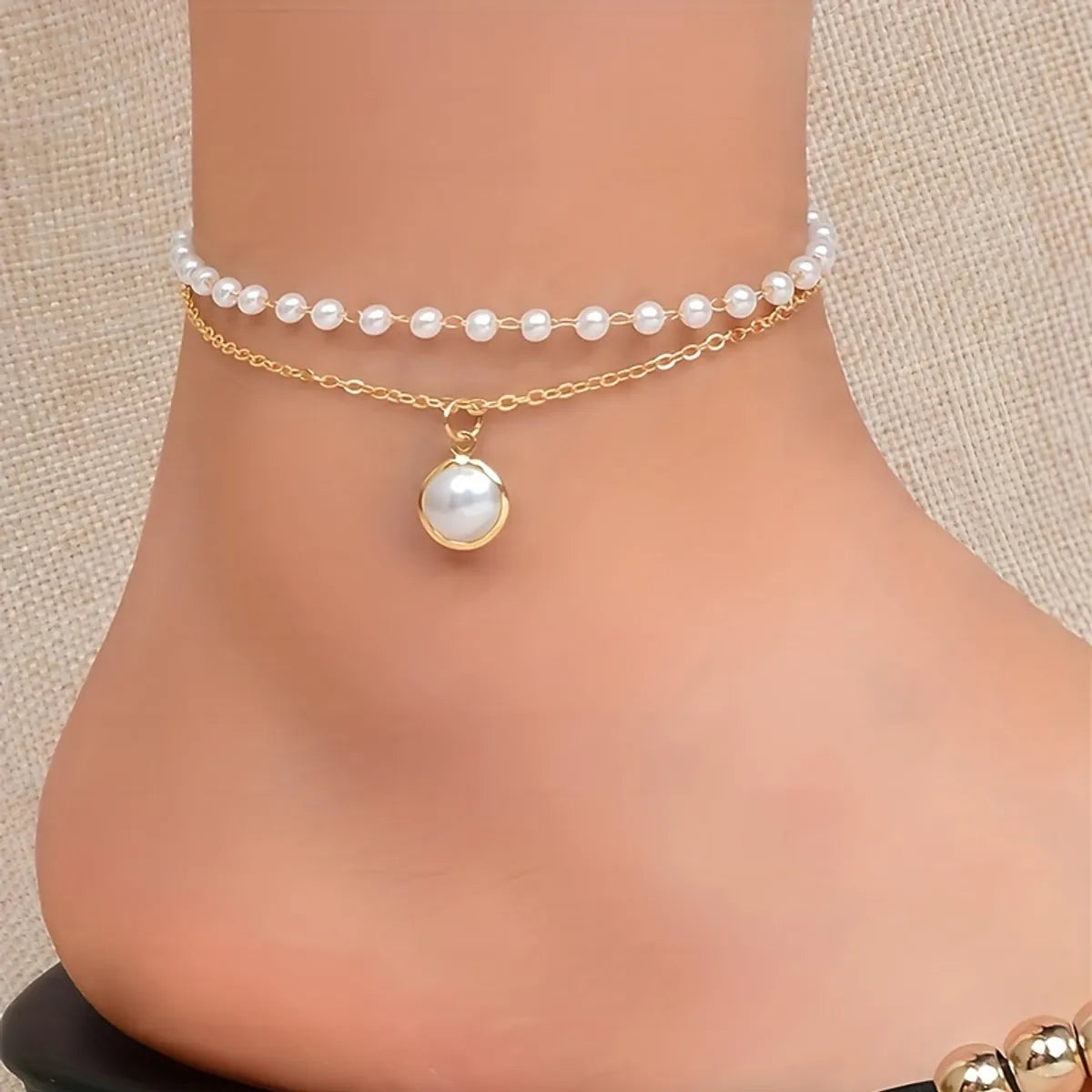 luxury bracelet for women-Ig Style Round Alloy Beaded Plating Inlay Pearl Gold Plated Women's Anklet