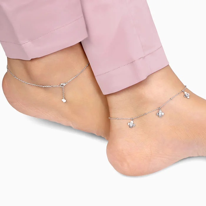 tennis bracelet for women-Silver Zircon Clover Charm Anklet