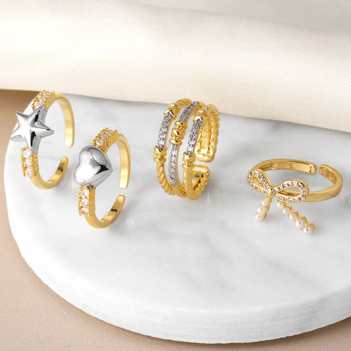 chunky rings for women-Copper Gold Plated Modern Style Simple Style Plating Inlay Star Heart Shape Bow Knot Zircon Open Rings