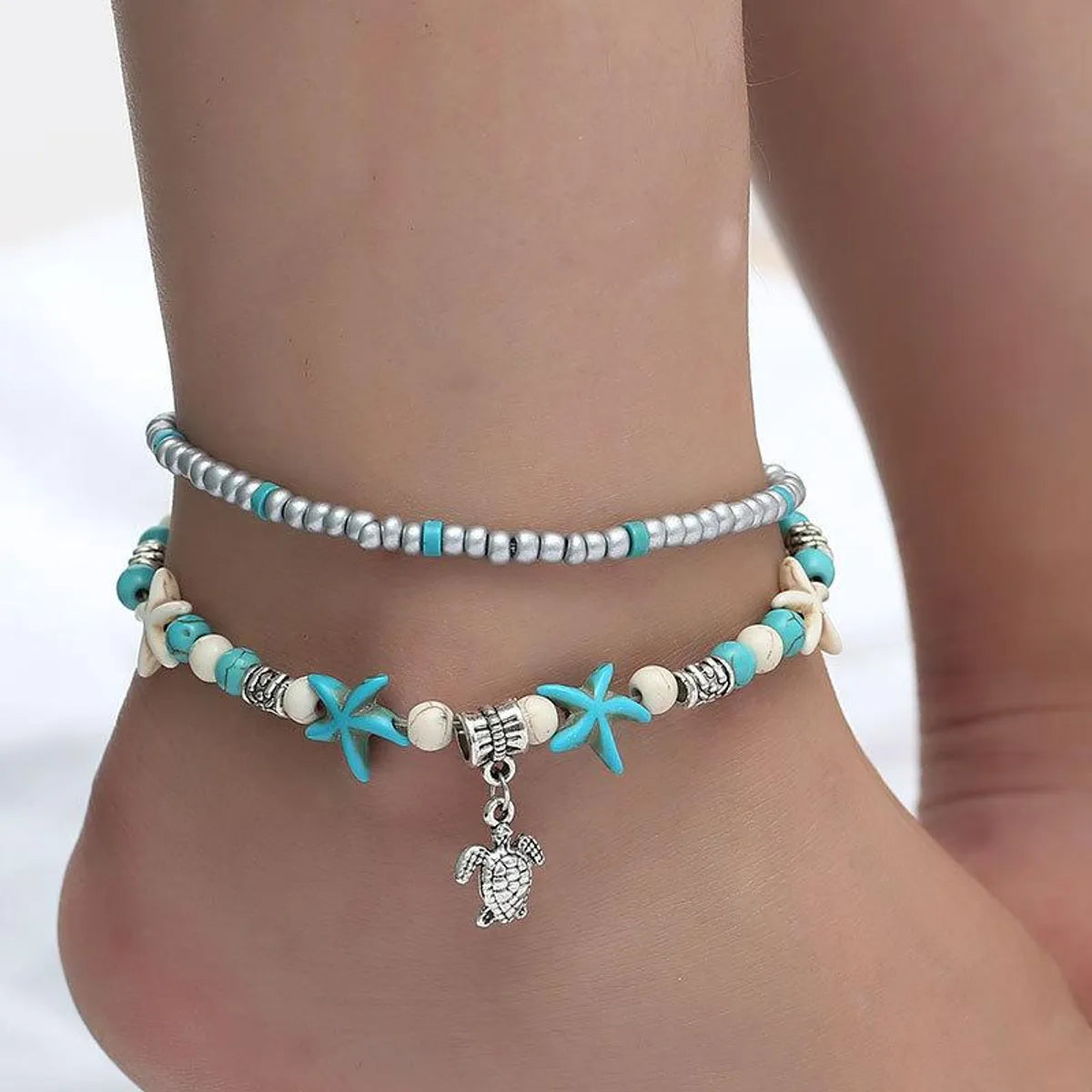 stackable bracelets for women-Fashion Starfish Pearl Conch Anklet Mizhu Yoga Turtle Pendant Anklet Retro Wave Foot Ornament