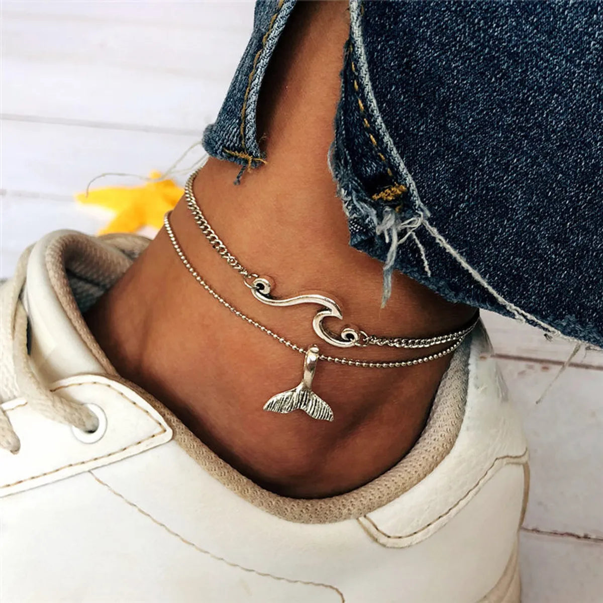 thick bracelet for women-Fashion Geometric Waves Fish Tail Alloy Anklet 2 Pieces