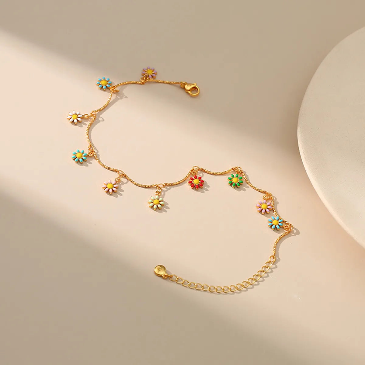 elastic bracelet for women-New Copper 18k Gold-Plated Hand-Painted Dripping Oil Color Daisy Anklet Leg Chain