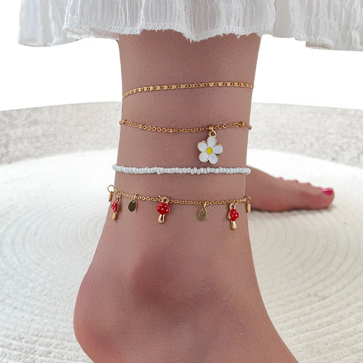 stacked bracelet set for women-Fashion Multi-layer Simple Mushroom Small Pendant Alloy Anklet 4-piece Set