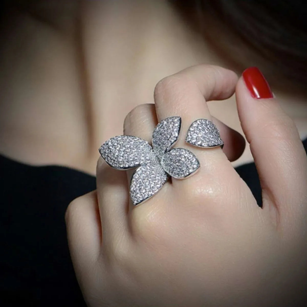 elegant rings for women-Copper Elegant Lady Streetwear Inlay Leaf Flower Zircon Open Rings