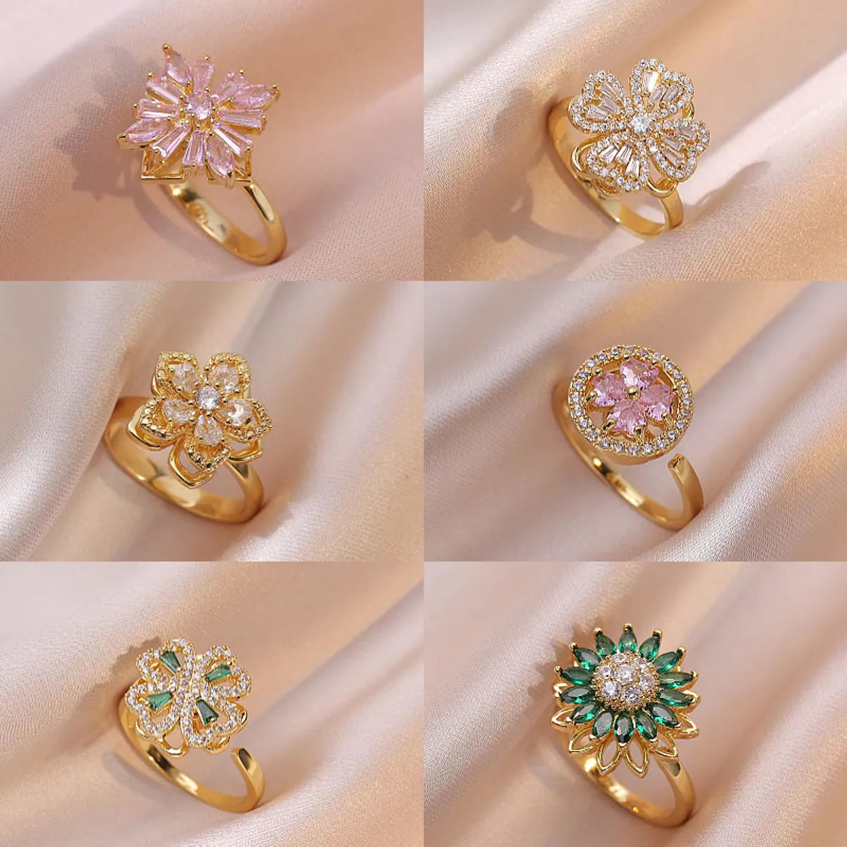 adjustable gemstone rings for women-Wholesale Casual Elegant Flower Copper Zircon Open Rings