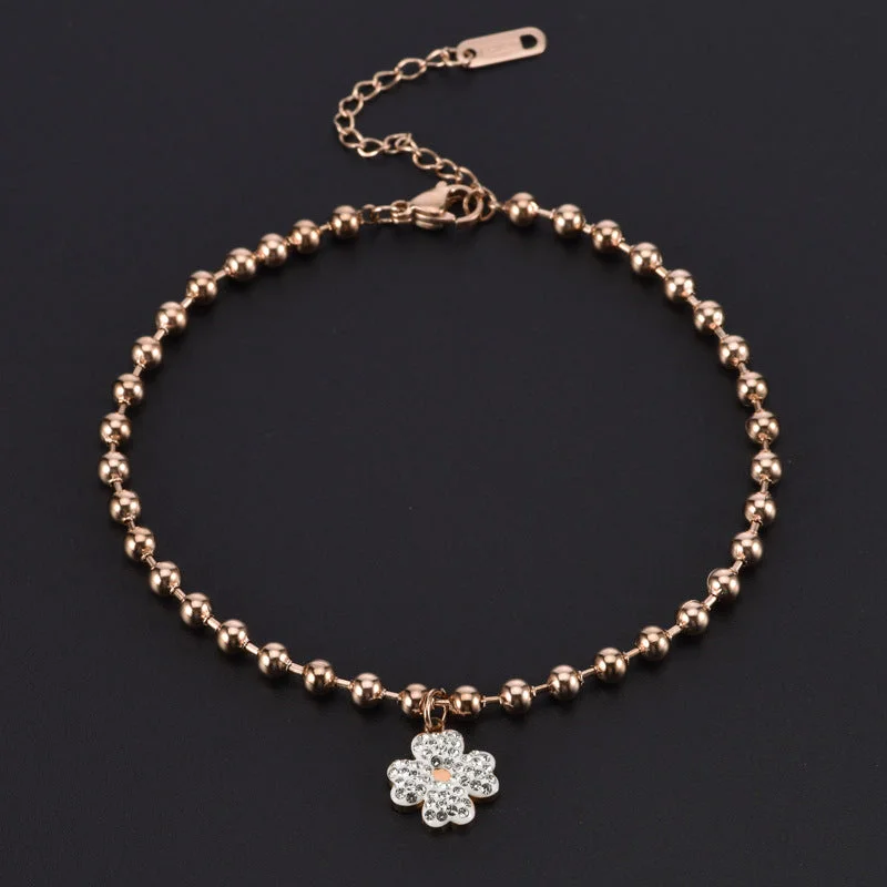 8112 Beaded Four-Leaf Flower White Clay Diamond Anklet