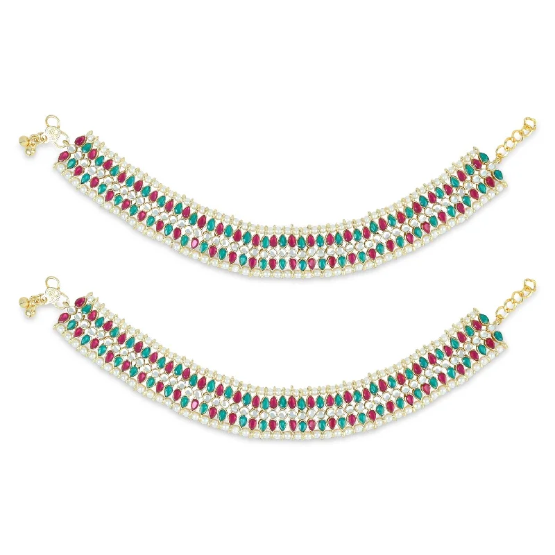 rhinestone anklet for women-Traditional Alloy Gold Plated Kundan Pearl Payal Anklet for Women - Wahe Jewels