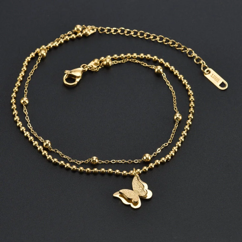 8133 Small Bead Double Chain Sand Pressed Butterfly Golden Anklet