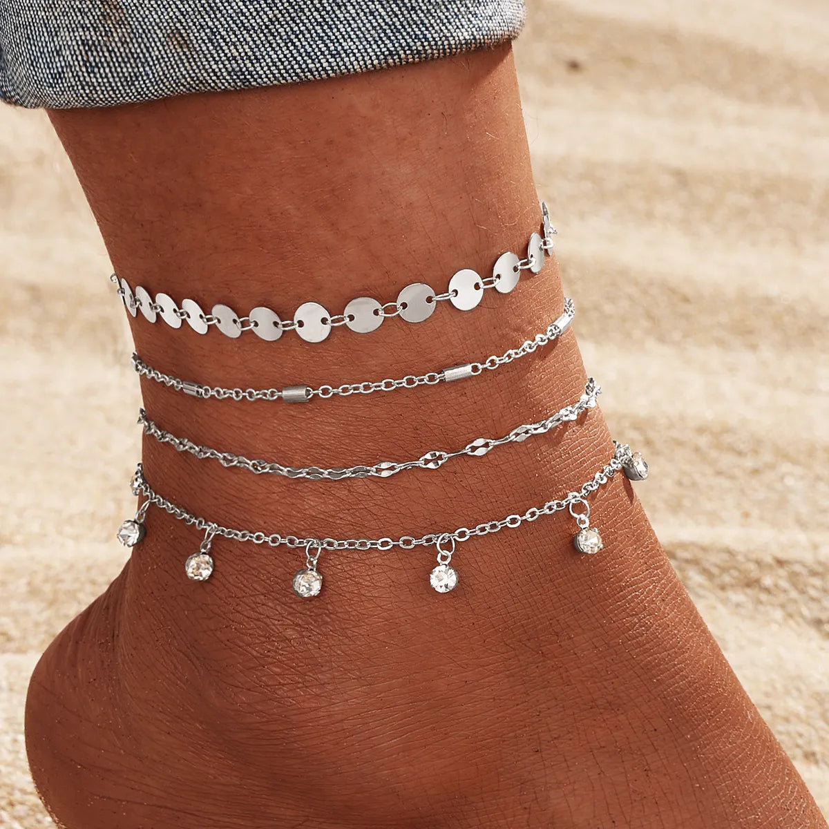 White K Diamond Pendant round Anklet 4-Piece Set