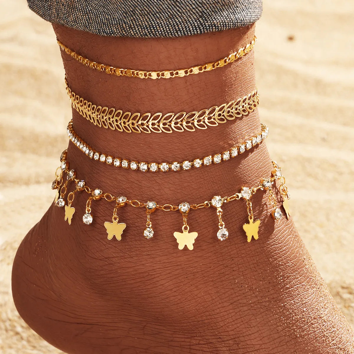 Butterfly Diamond Anklet 4-Piece Gold