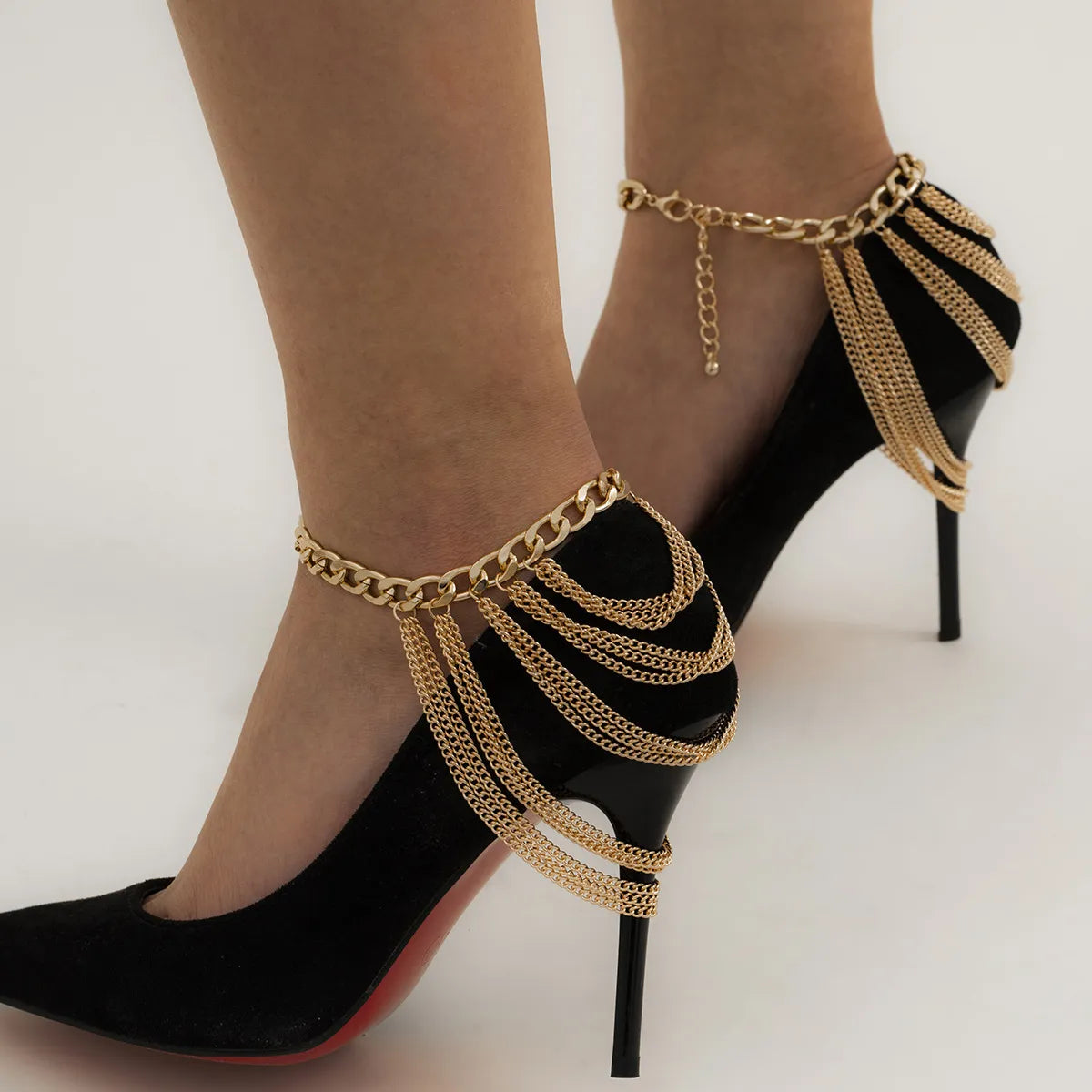 colorful anklet for women-Fashion Multi-layer Tassel Geometric Metal Chain Anklet