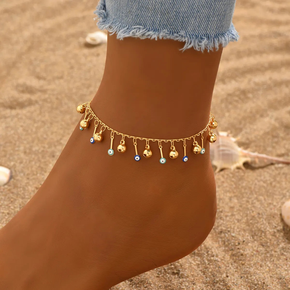 thin anklet for women-Wholesale Jewelry Casual Elegant Beach Eye Bell Copper 18k Gold Plated Anklet