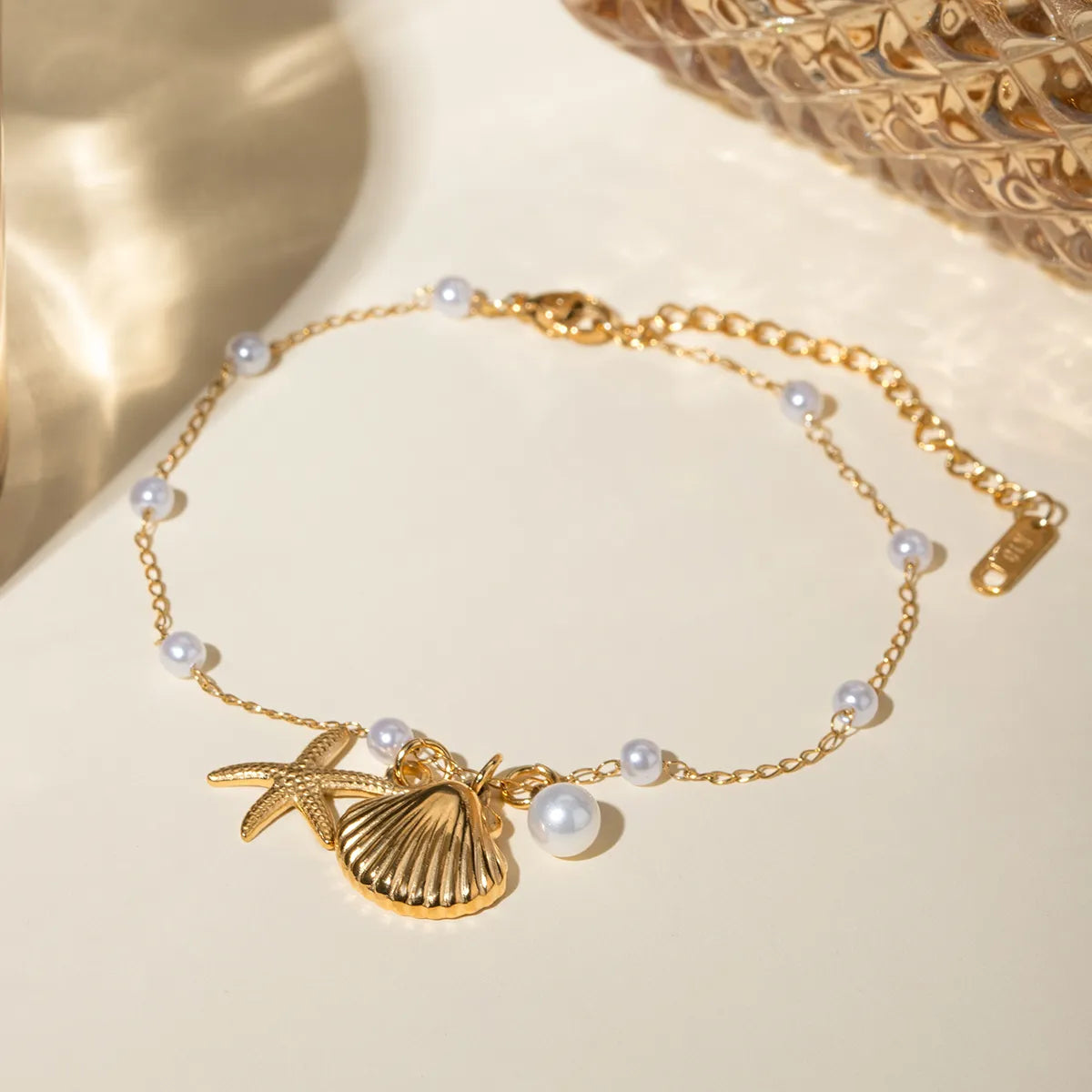 modern bracelet for women-Beach Simple Style Starfish Shell 304 Stainless Steel Imitation Pearl Beaded 18K Gold Plated Women's Anklet