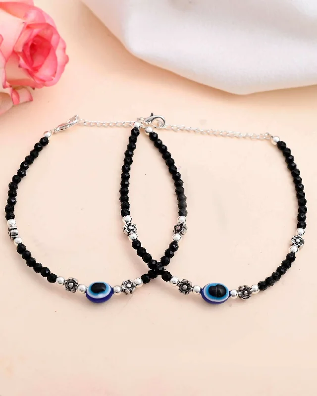 stretch bracelet for women-VOJ Set of 2 Evil Eye Black with Flower Shaped Beads Anklet