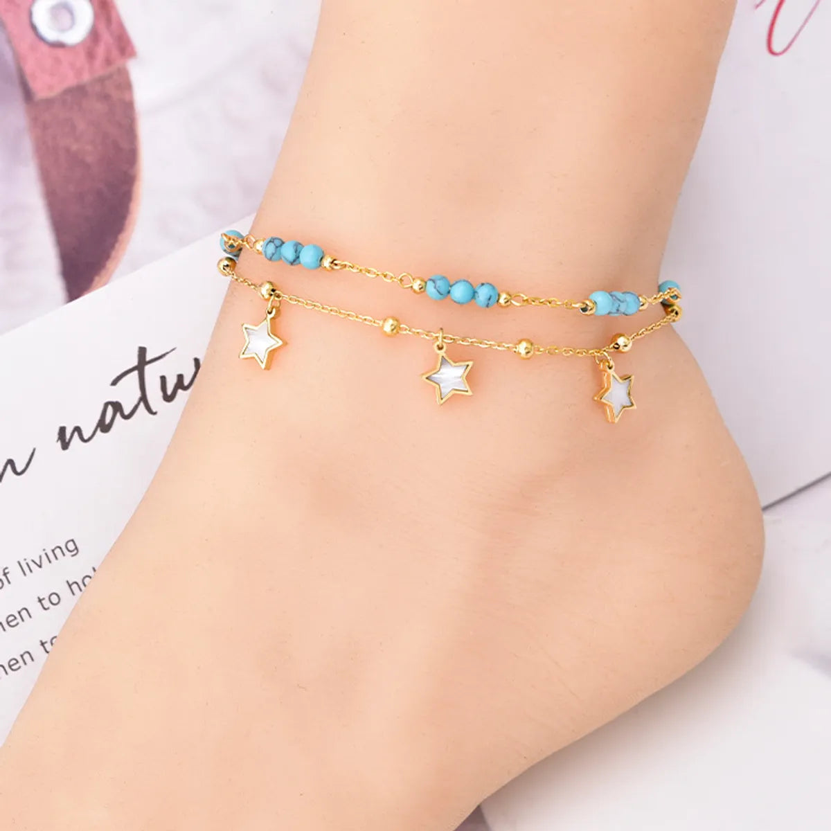 gemstone anklet for women-1 Piece Fashion Star Eye Turquoise Titanium Steel Inlay Shell Women's Anklet